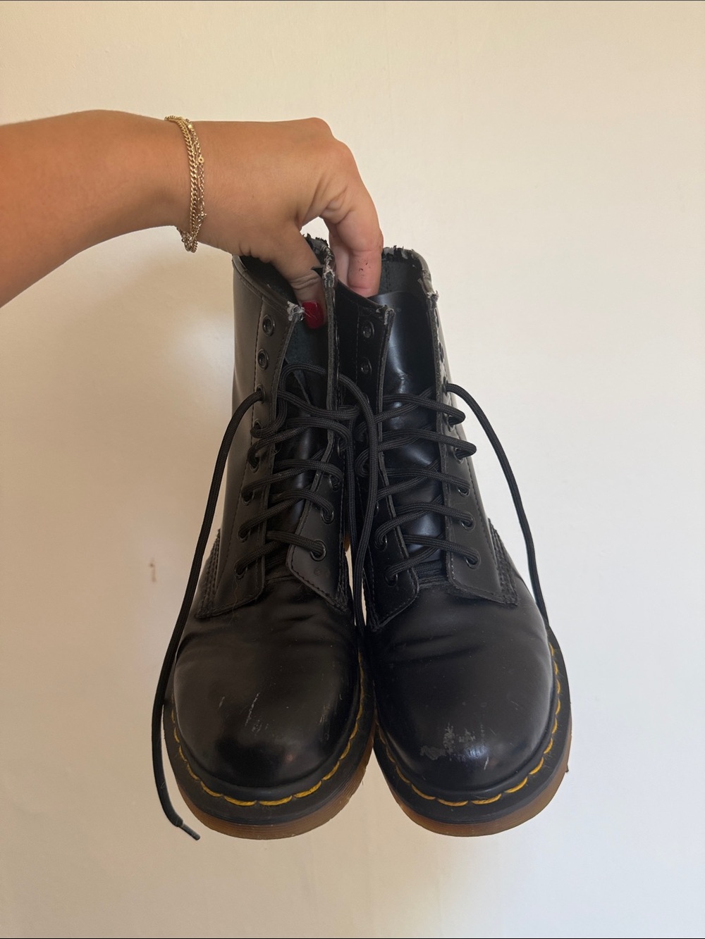 Dr. Martens Black Leather Combat Boots with Yellow Stitching - Picture 2 of 3